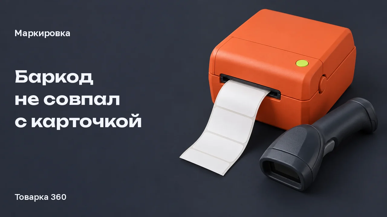 Оранжевый принтер пустых этикеток и графитовый сканер: сверка этикетки с карточкой товара.