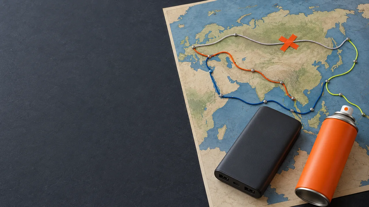 Powerbank и аэрозольный баллон на карте Евразии с четырьмя нитями маршрутов, один маршрут перечёркнут оранжевой лентой; статья о том, как везти литиевые батареи и аэрозоли, если авиа отказало