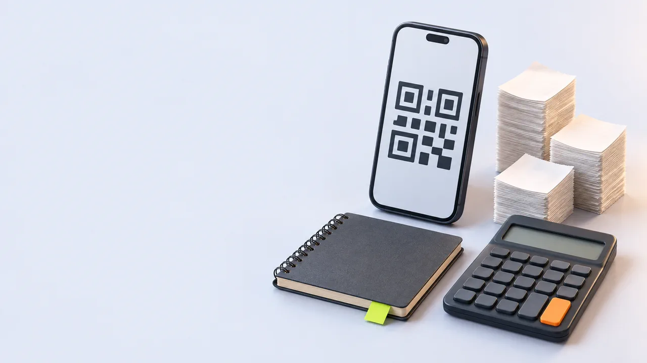 Смартфон с условным QR-кодом, блокнот, калькулятор и стопки чеков: расчёт окупаемости подменных артикулов WB по выкупам
