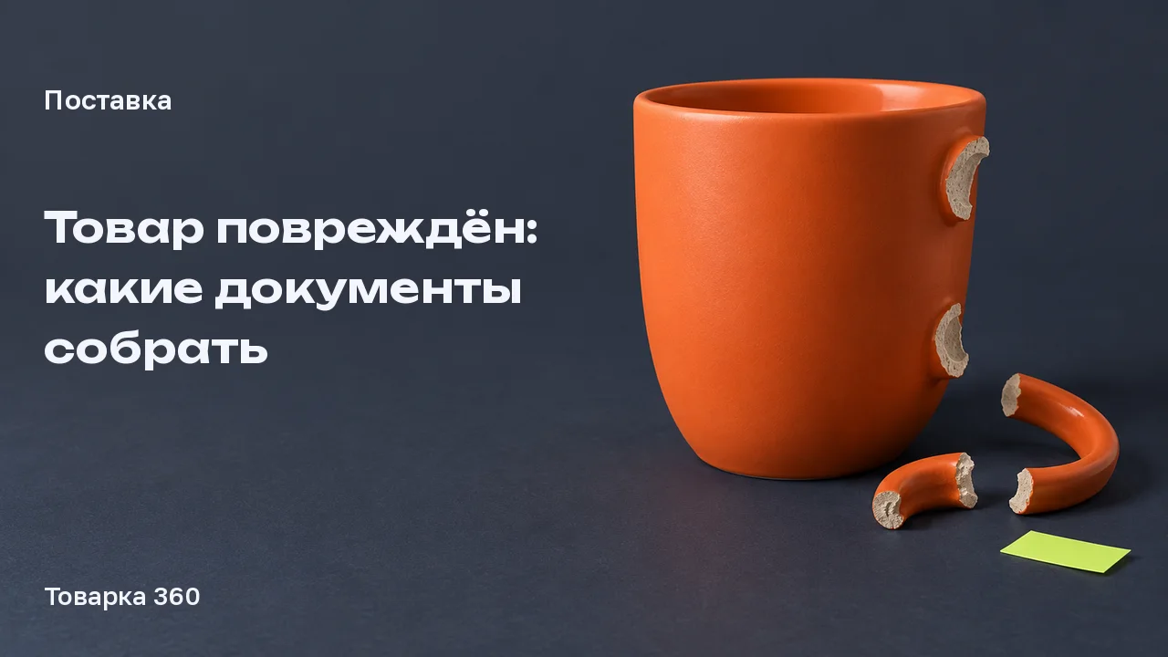 Оранжевая керамическая чашка с отбитой ручкой, два фрагмента и пустая лаймовая метка: повреждение товара на складе.